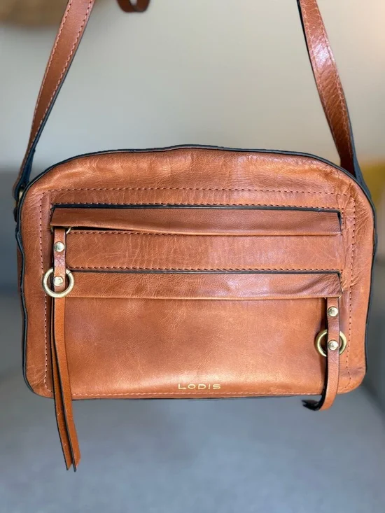 Lodis Cognac Brown Leather Crossbody Bag Adjustable Strap Vintage Texas Purse - Picture 7 of 16